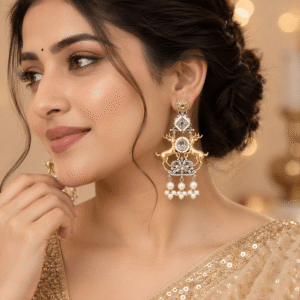 VRIHORA Dual Tone Gold Silver Look Deer Design Chandbali Earrings with Kundan Stone and Pearl Drops for Women | Bridal & Festive Jewellery