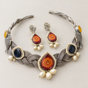 Silver Oxidised Fusion Choker Necklace Set with Meenakari Pendant & Earrings