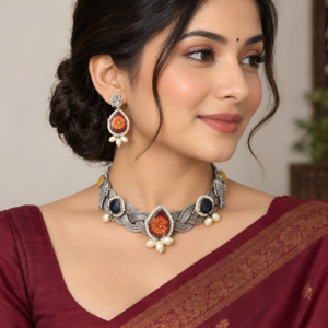Silver Oxidised Fusion Choker Necklace Set with Meenakari Pendant & Earrings